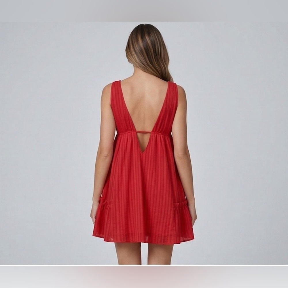 Ethereal 100% Cotton Deep V-Neck Babydoll Mini Dress Red - Picture 4 of 8